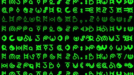 Motion graphics featuring scrolling lines of glitchy alien style hieroglyphs and written text rapidly changing in random sequences in mid-sized green font - ideal for screen replacement content