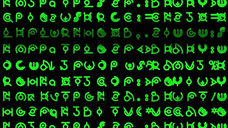 motion graphics featuring scrolling lines of glitchy alien style hieroglyphs and written text rapidly changing in random sequences in mid-sized green font - ideal for screen replacement content