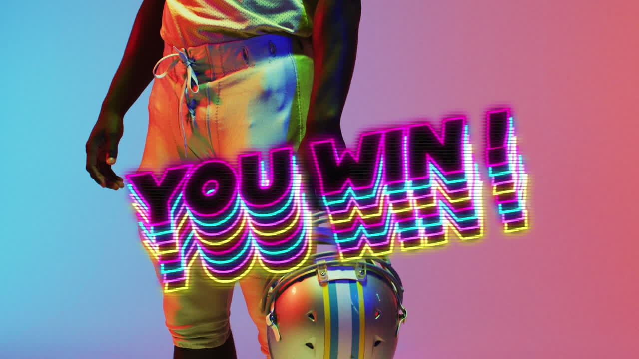 Animation of you win text over american football player and neon background