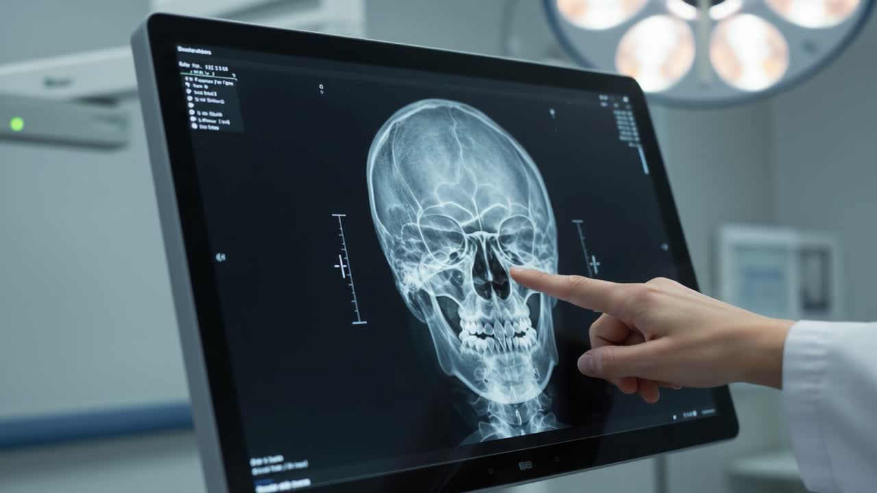 A Detailed Examination of a Skull X-Ray Displayed on a Monitor in a Surgical Environment, Highlighting Important Anatomical Features