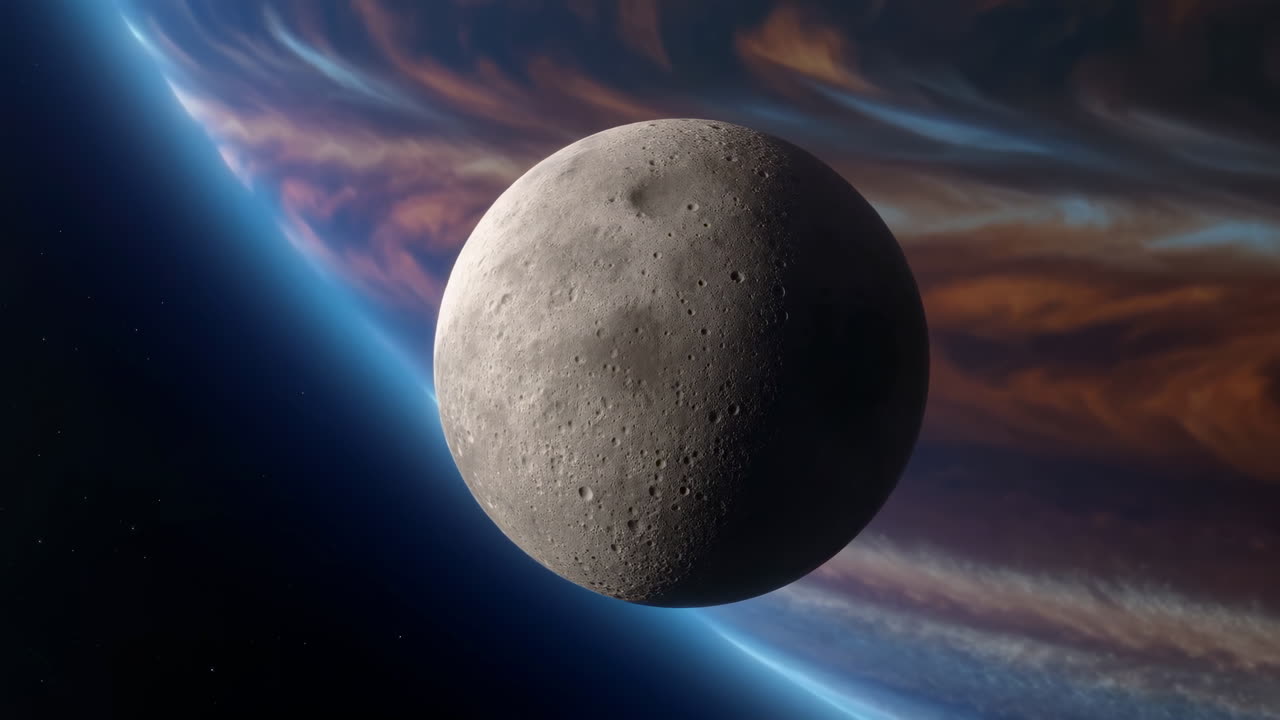 Close-up de lua acima de gigante gasoso, superfície craterada banhada em luz de contorno, faixas de nuvens laranja vibrantes varrem.