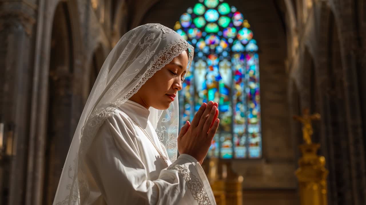 Standing Asian woman praying in cathedral, with lace veil and golden altar cross, copy space
