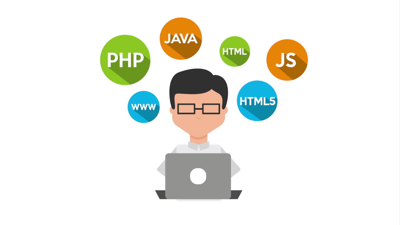 programmer with laptop and set icons