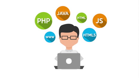 programador con portátil y iconos establecidos