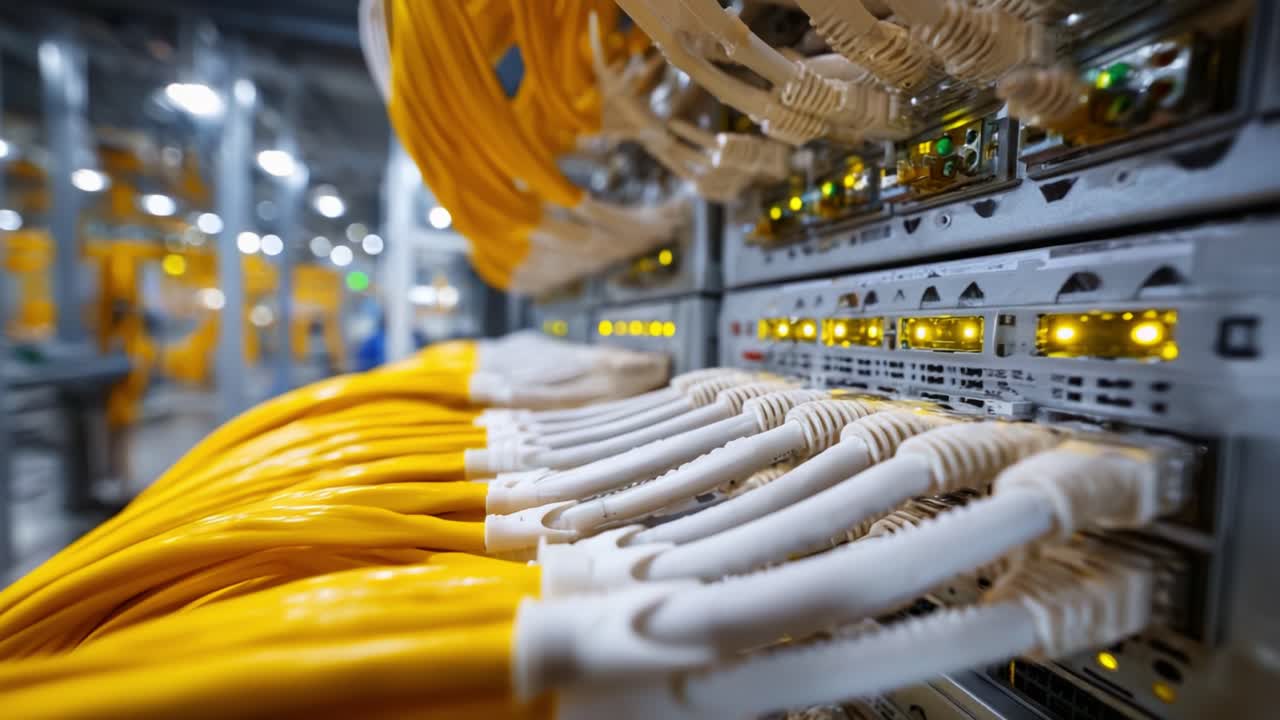 Detailed View of Network Cables and Servers in a Modern Data Center Showcase High-Tech Infrastructure and Connectivity with Vibrant Yellow Ethernet Connections