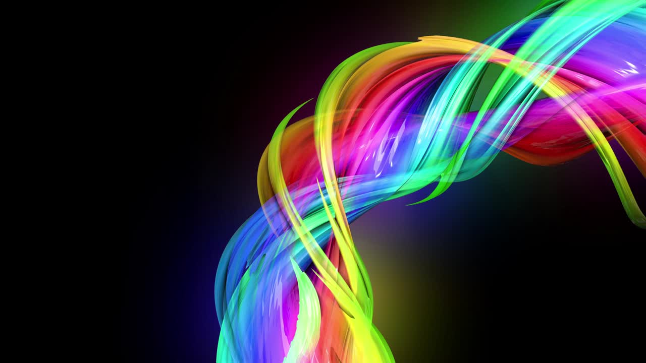 검은색 배경에 네온 빛을 가진 투명한 색상의 선. 모션 그래픽 3d 루프 배경과 다채로운 다채로운 무지개 리본. 모션 디자인 스타일의 아름다운 원활한 배경.