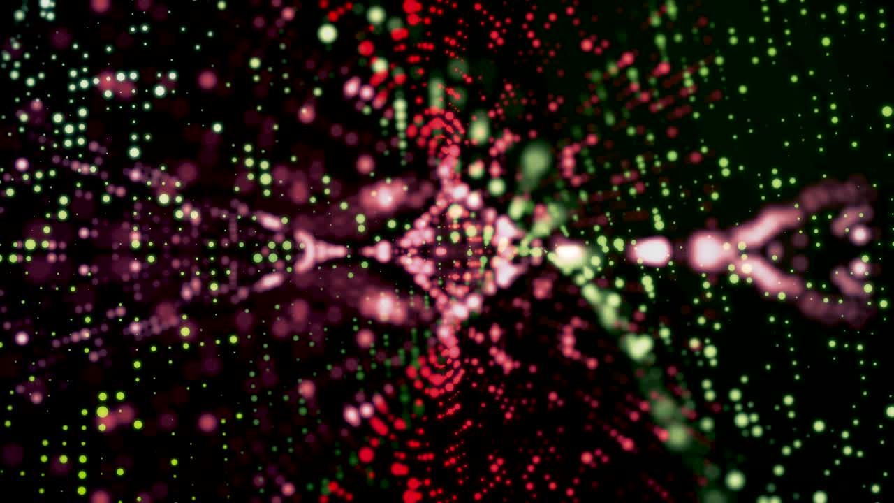 빨간색과 초록색 반이는 움직이는 질감, 검은색 배경에 반이는 반이고 점, 원활한 루프, 애니메이션, 다채로운 점 모양의 나선형 회전