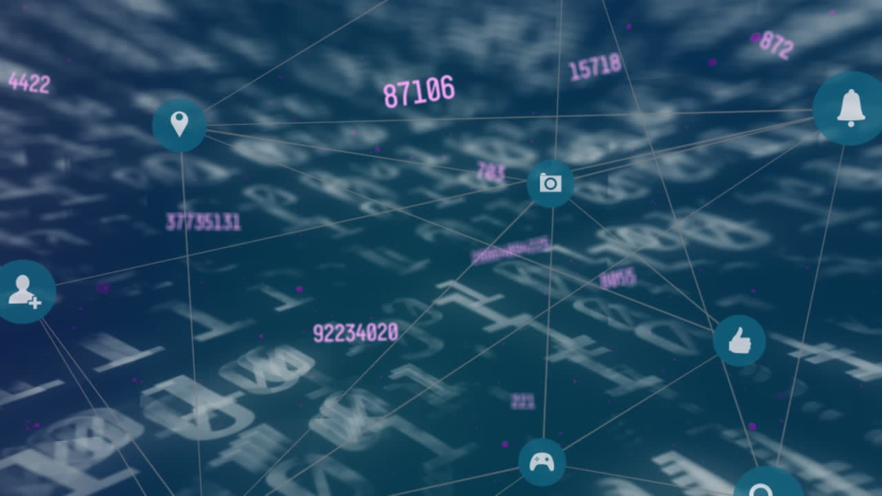 Animation of data processing and media icons on blue background