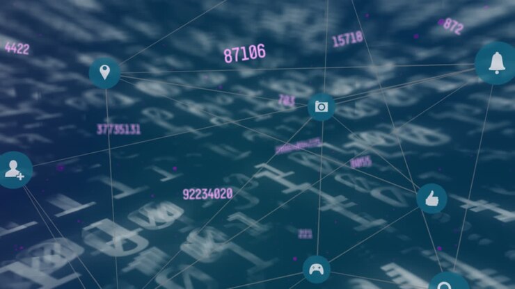 Animation of data processing and media icons on blue background