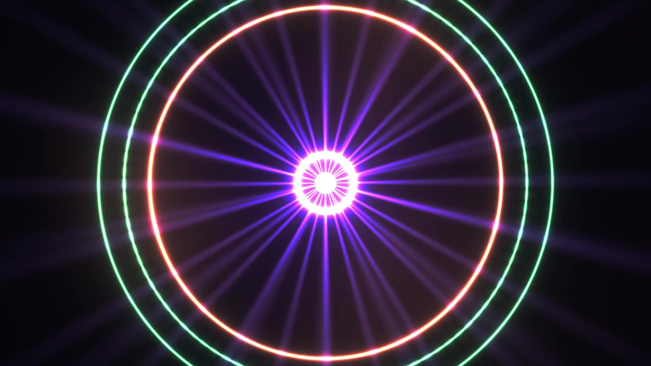Raggi di luce astratti ed energetici e cerchi neon pulsanti