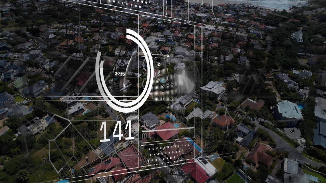 animación de la interfaz con el procesamiento de datos sobre un globo giratorio frente a una vista aérea del paisaje urbano