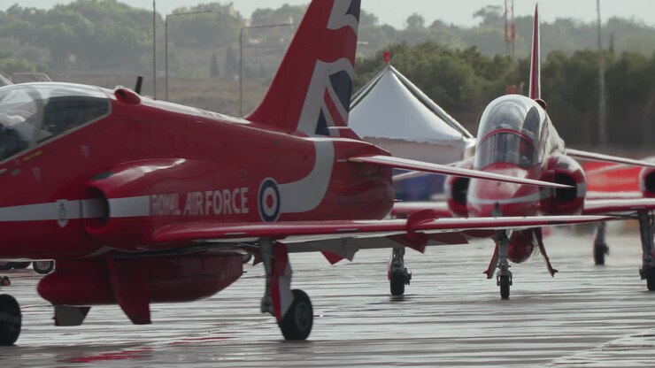 Jets van het Red Arrows Aerobatic Team op vliegveld