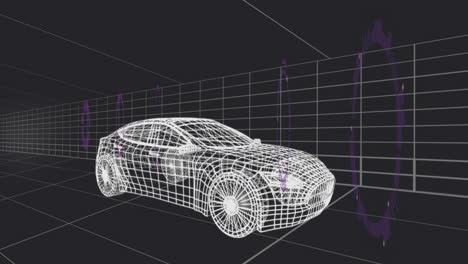modern white sedan wireframe rotating in dark grid room, displaying floating purple portal rings