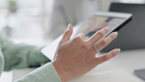 research, hands of woman on tablet