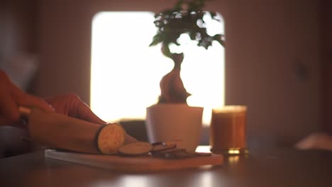 Girl-slicing-eggplant-with-kitchen-knife