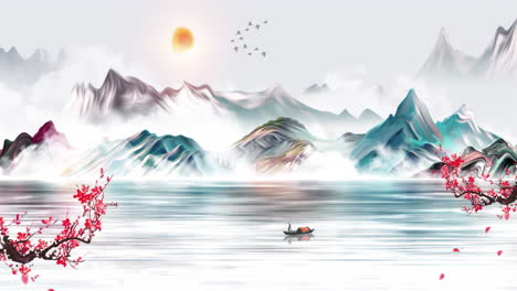 serene chinese landscape with mountains, water, boat, and plum blossoms