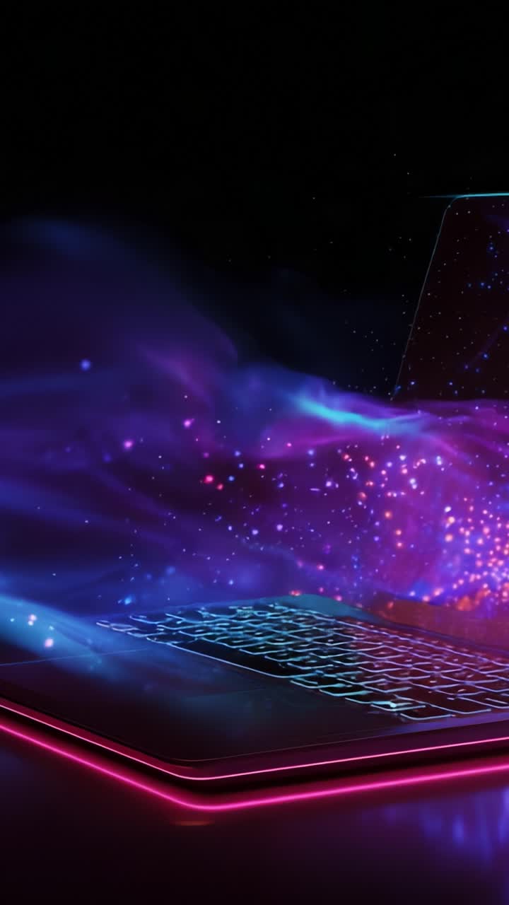 Una straordinaria immagine di un laptop che brilla con colori cosmici, che mostra luci mistiche e temi galattici su uno sfondo scuro, perfetta per gli appassionati di tecnologia