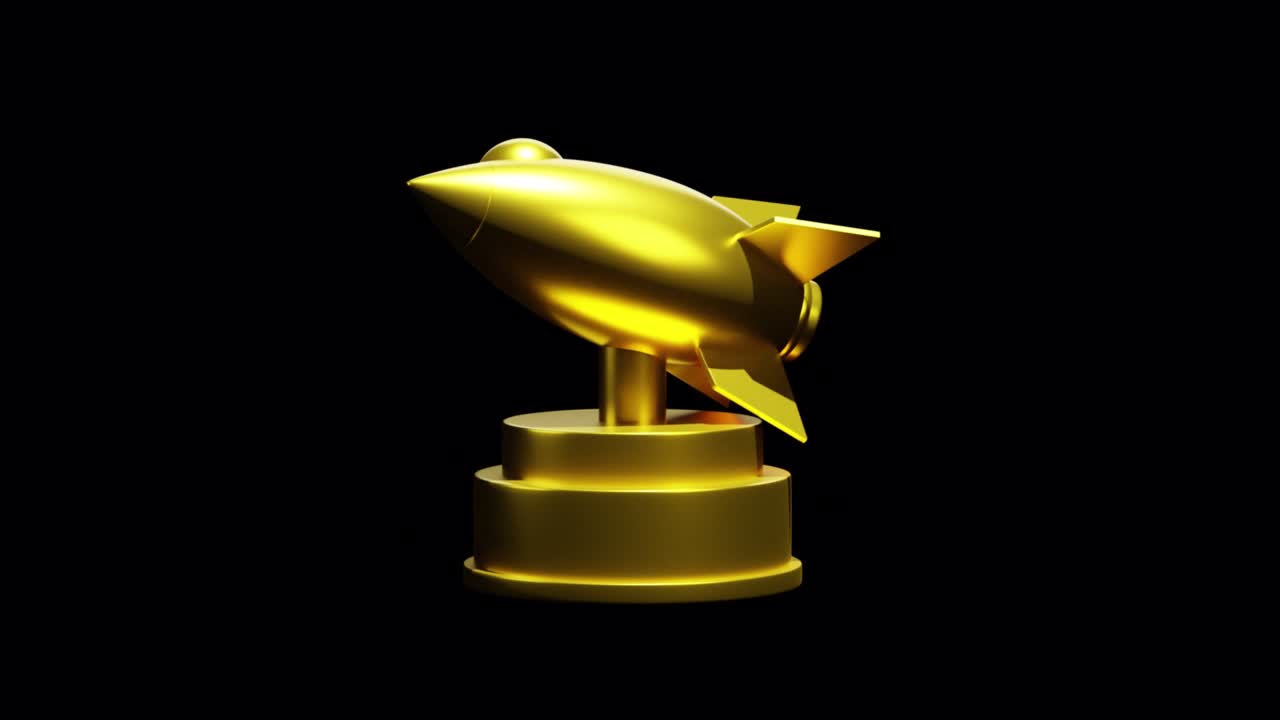 Seamless Loop 3D rendering Startup Golden Rocket jet Trophy 3D illustration on Transparency Alpha Background. Shining Golden Rocket Shape Award Trophy