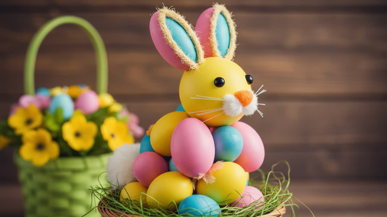 Um coelho da Páscoa festivamente decorado feito de ovos coloridos, rodeado por arranjos florais vibrantes, perfeito para celebrações de primavera e decorações de feriados