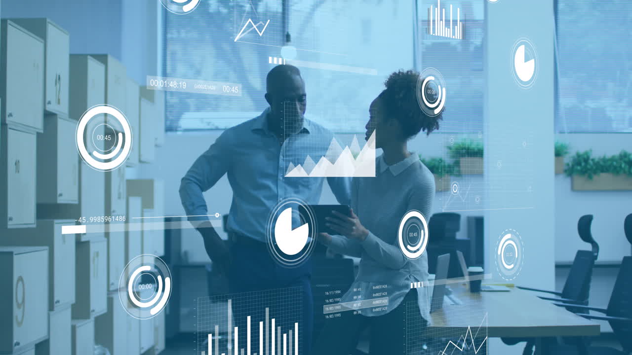 Animation of financial data processing over diverse business people working at office