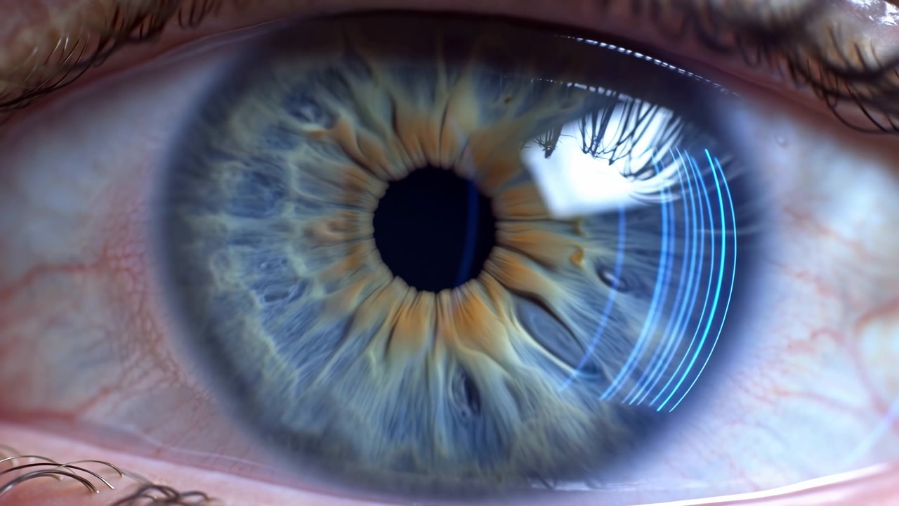 Vista macro frontale dettagliata di un'iride blu e una pupilla scura con ciglia visibili, la texture della palpebra, la pelle circostante e una luce riflessa brillante che riempie l'inquadratura