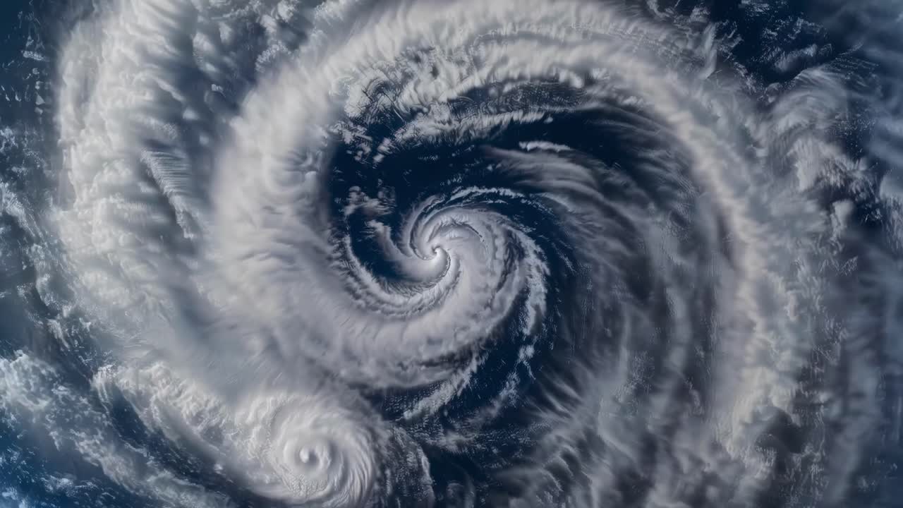 Aerial video captures a swirling cyclone over the ocean, showcasing dynamic cloud patterns
