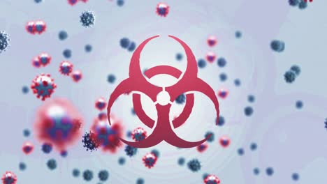 animación de células del virus covid-19 y símbolo de peligro biológico en fondo blanco
