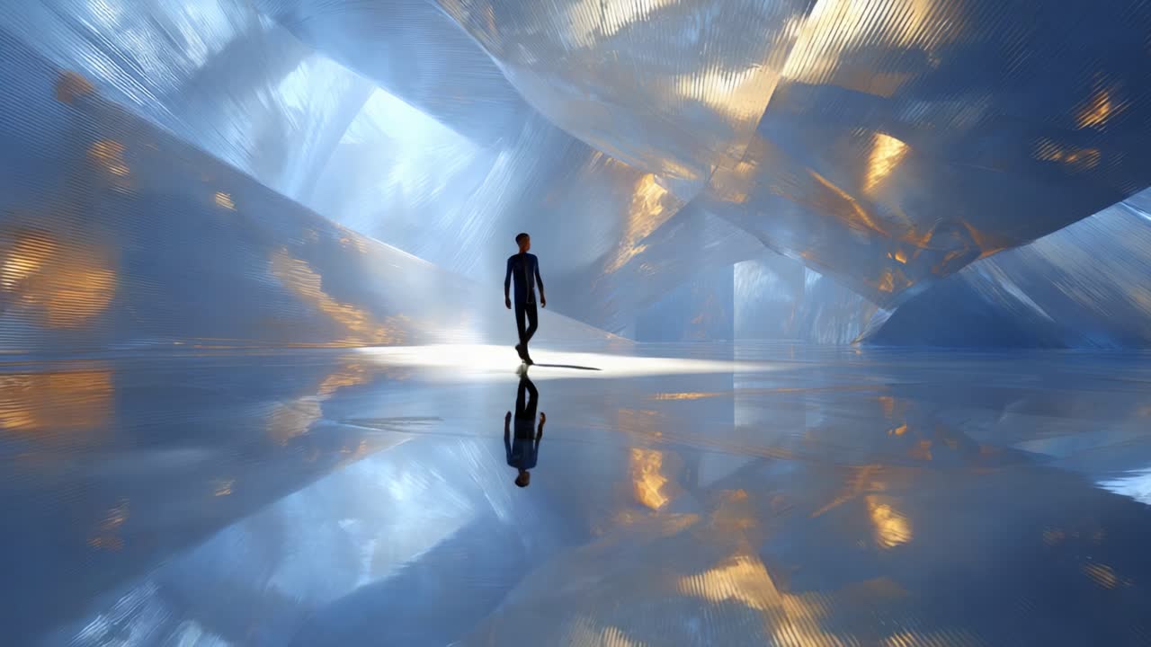 A solitary figure stands amidst a surreal, luminescent landscape of reflective surfaces and abstract structures, evoking a sense of wonder and exploration in a futuristic, ethereal environment