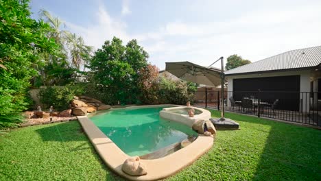 luxury backyard oasis with swimming pool and lush landscaping