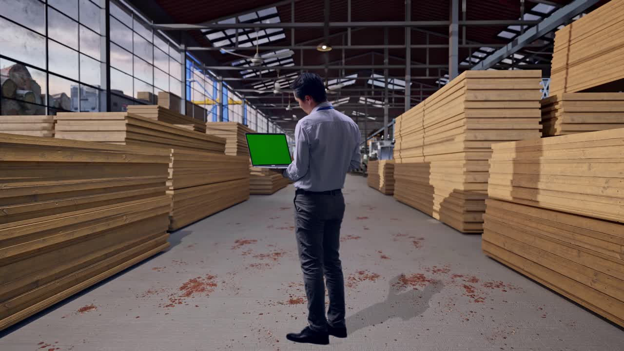 Full Body Back View Of An Asian Male Professional Worker Standing, Worker Inspecting Timber Warehouse, Typing On Laptop'S Keyboard With Green Screen And Look At The Factory Once
