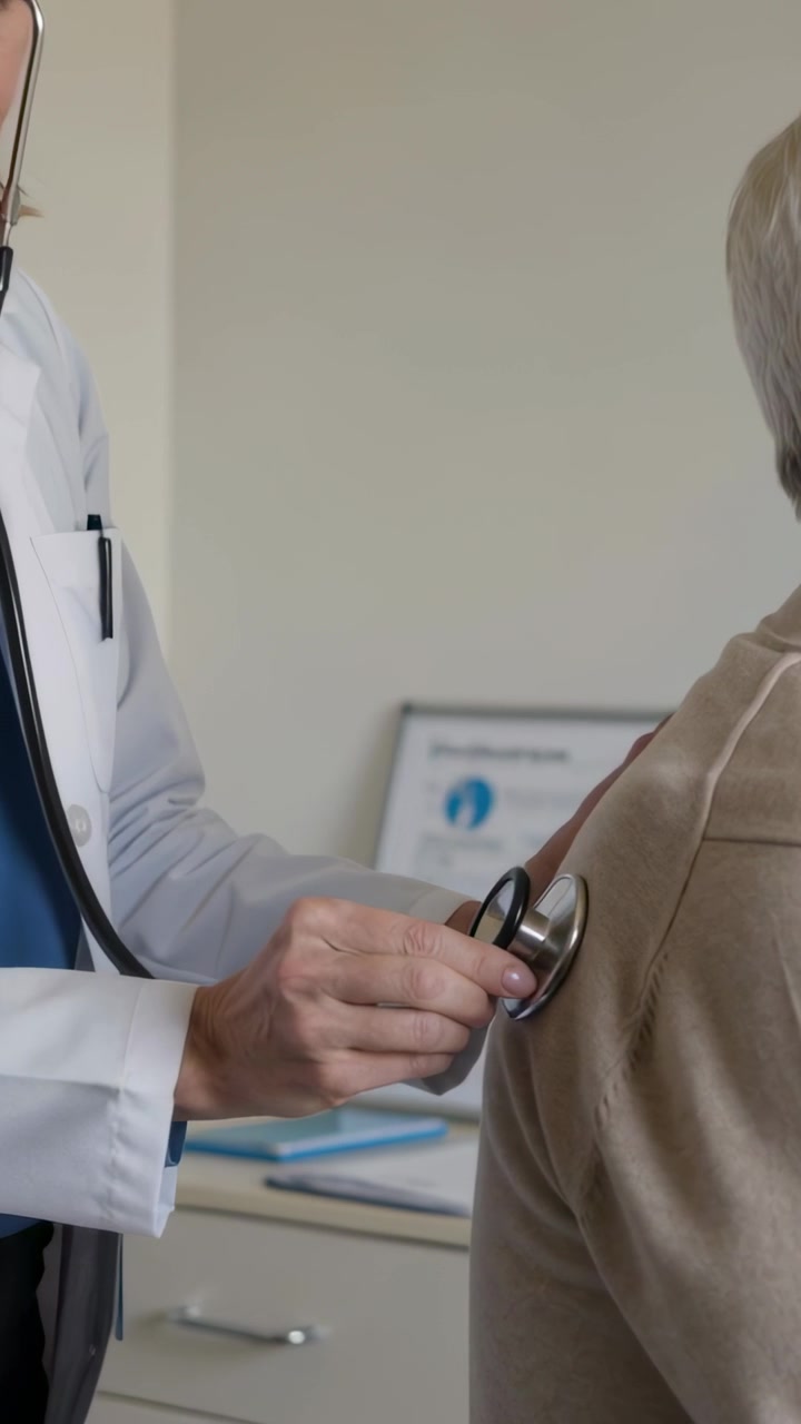 Vertical video: Starting exam, Dr using stethoscope on senior in clinic, checking lungs, lab coat