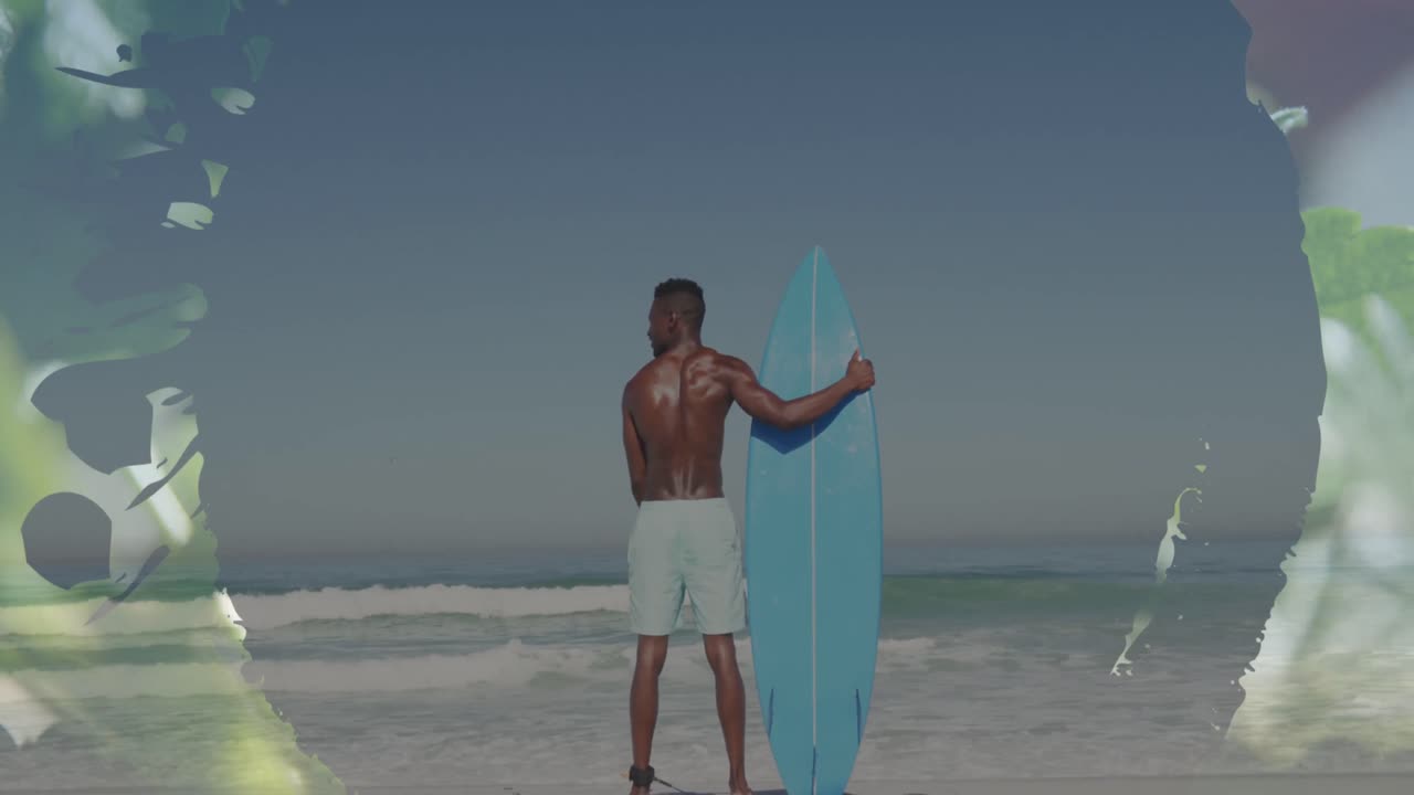 animación de una pancarta con espacio de copia sobre la vista trasera de un hombre afroamericano con una tabla de surf en la playa