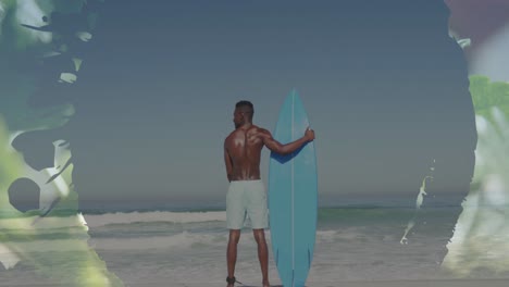 Animation-of-banner-with-copy-space-over-rear-view-of-a-african-american-man-with-surfboard-at-beach