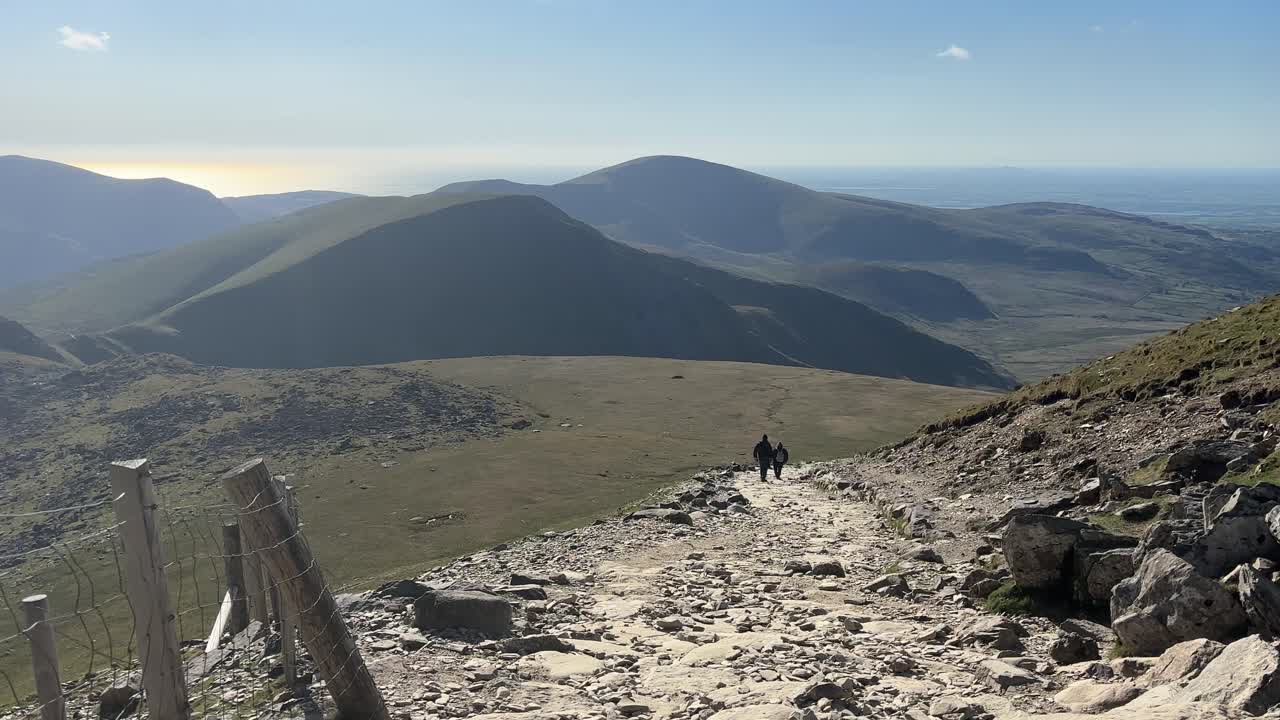 Hikers walk along rocky trail towards Mount Snowdon summit under clear blue sky in Snowdonia National Park, surrounded by open grassy terrain and rugged mountain landscape.