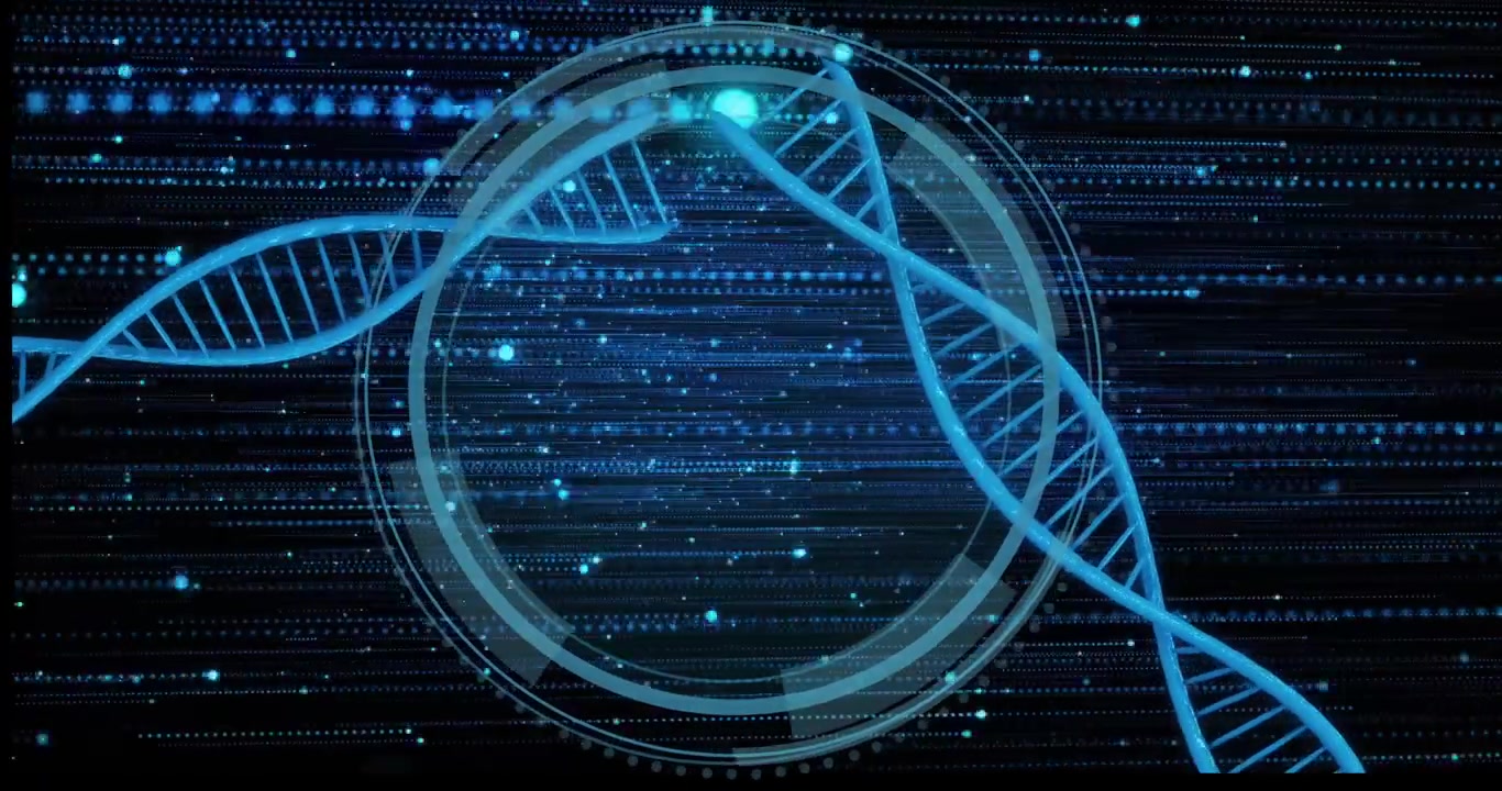 Two blue helices sweeping diagonally, starting HUD building and scanning, showing data protection