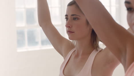 yoga class portrait beautiful caucasian woman practicing prayer pose enjoying healthy lifestyle meditating in fitness studio