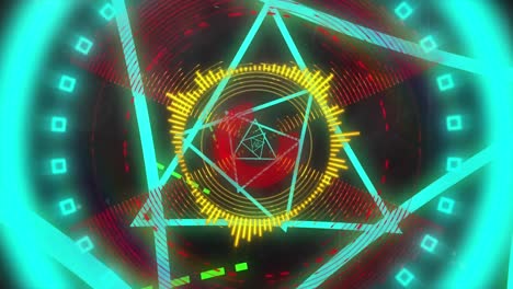 Animation-Bunter-Rotierender-Kreisscanner-Und-Leuchtend-Blauer-Dreiecke-Auf-Schwarzem-Hintergrund