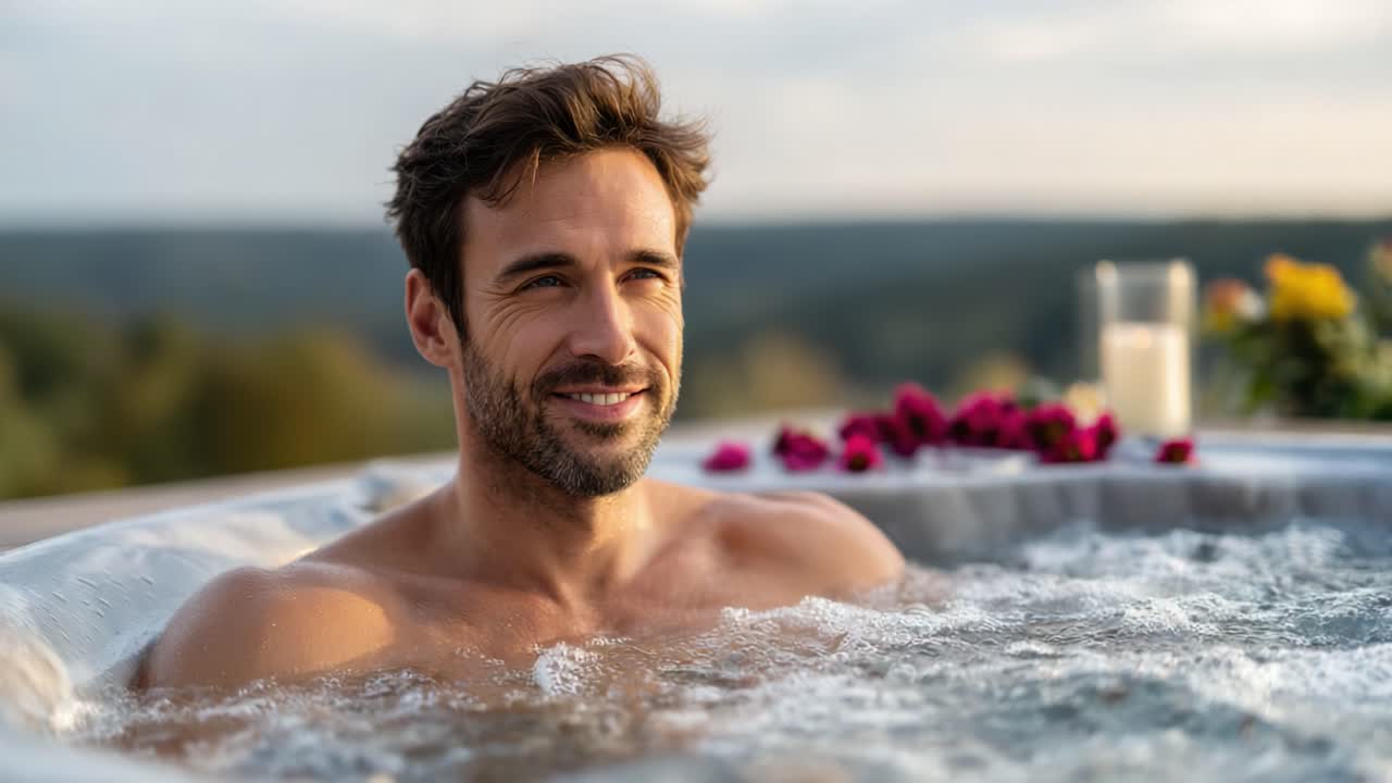 Un'esperienza rilassante: un uomo si gode un rilassante bagno nella vasca idromassaggio circondato dalla natura, fiori e una bevanda rinfrescante per la massima tranquillità.