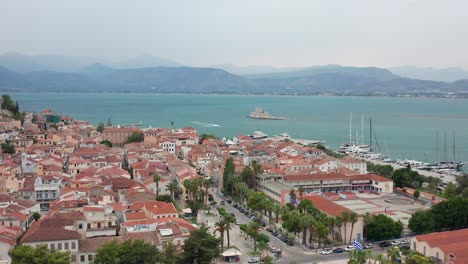 Drone-shot-of-Nafplion-city-in-Bourtzi,-Greece-Europe