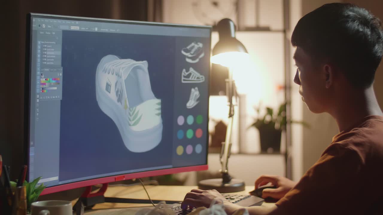 close up de diseñador de calzado asiático niño girar modelo 3d de calzado mientras trabaja en un escritorio en casa. concepto de procedimiento de producción de calzado. juegos cibernéticos ropa y calzado línea