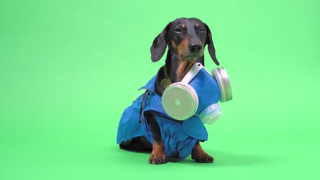 retrato de un lindo perro dachshund, negro y bronceado, con un traje de materiales peligrosos con aparato de respiración autónomo, sobre un fondo chromakey.