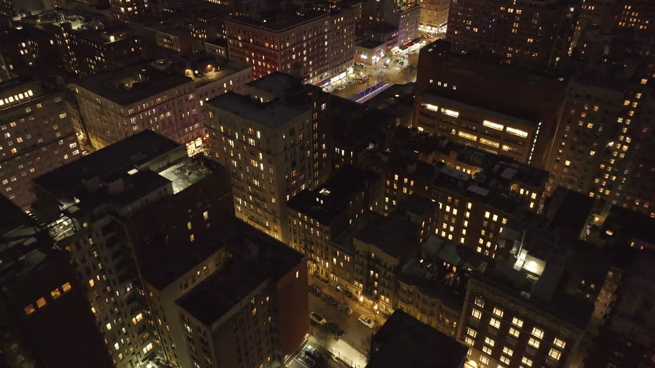 Aerial view apartment buildings in Manhattan. Shot at night on Manhattan’s Upper West Side.