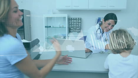 animación del procesamiento de datos sobre una doctora caucásica con pacientes