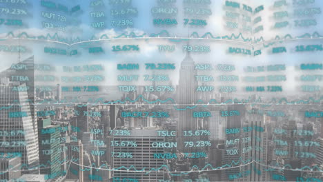 animation of digital interface with financial data processing over modern cityscape