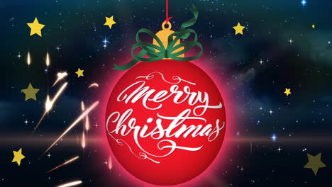 animación de feliz navidad texto sobre colgar bauble decoración contra las estrellas brillantes en el espacio