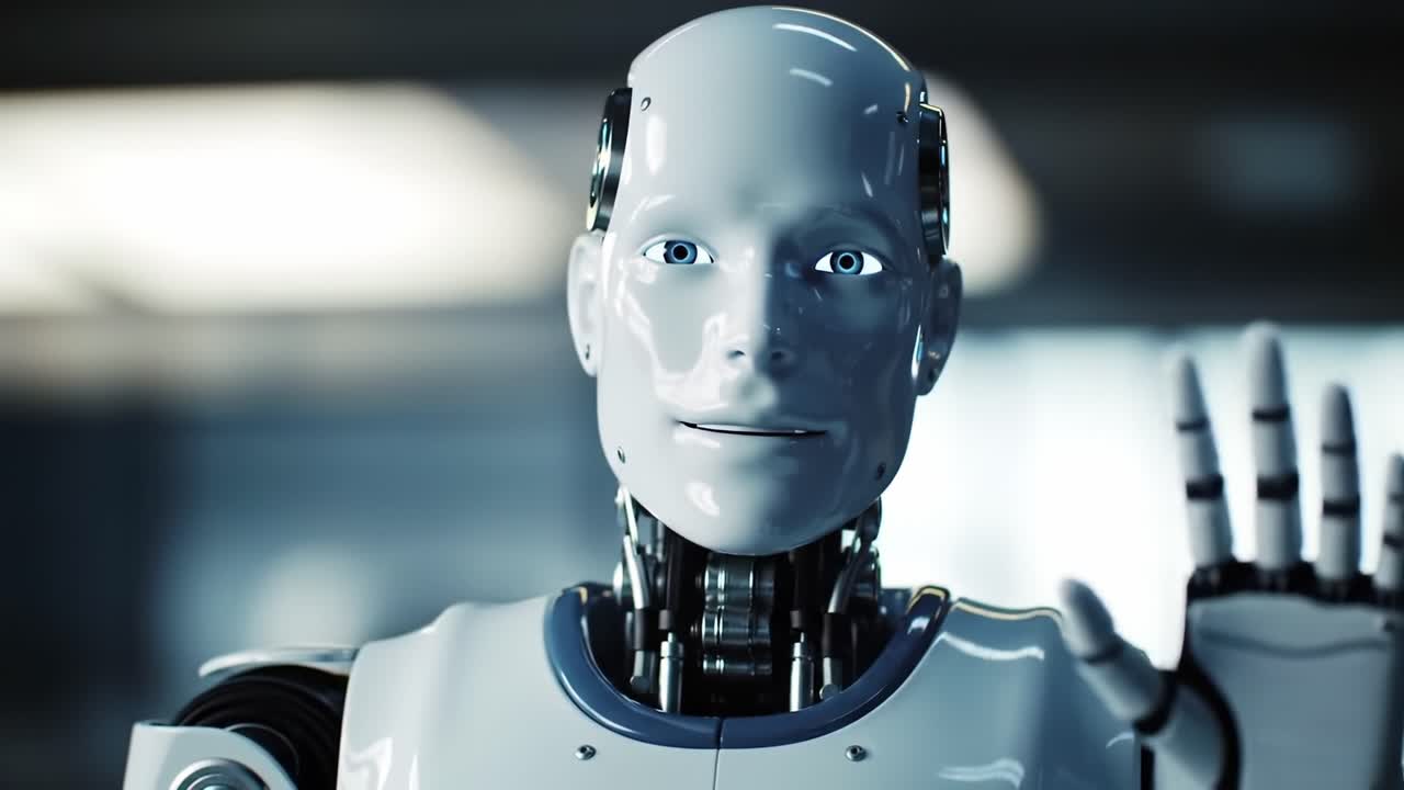 A Close-Up of a Futuristic Humanoid Robot with a Serene Expression, Showcasing Advanced Technology and Robotics in a Modern Environment