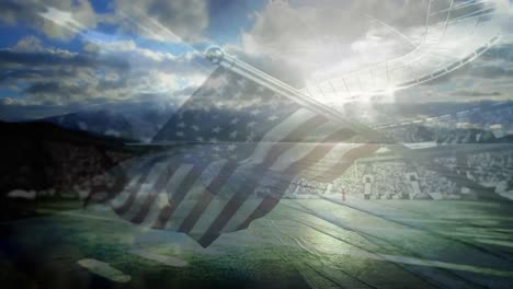 digital composition of waving us flag over sports stadium against clouds in the blue sky