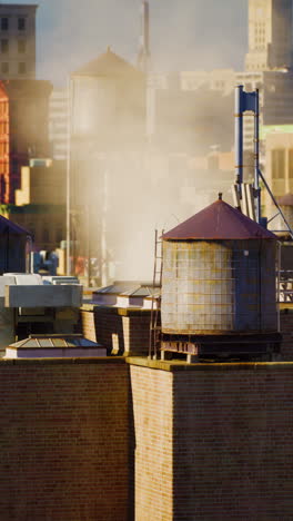 water towers on a rooftop in a city