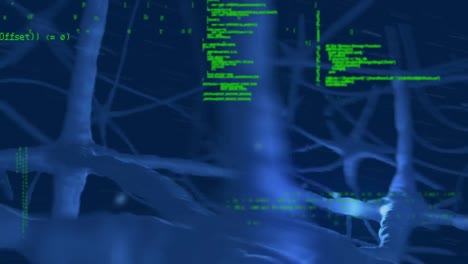 animation of data processing over network of blue neurons on blue background