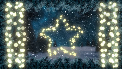 animation of christmas glowing star and strings of fairy lights with winter scenery and snow falling